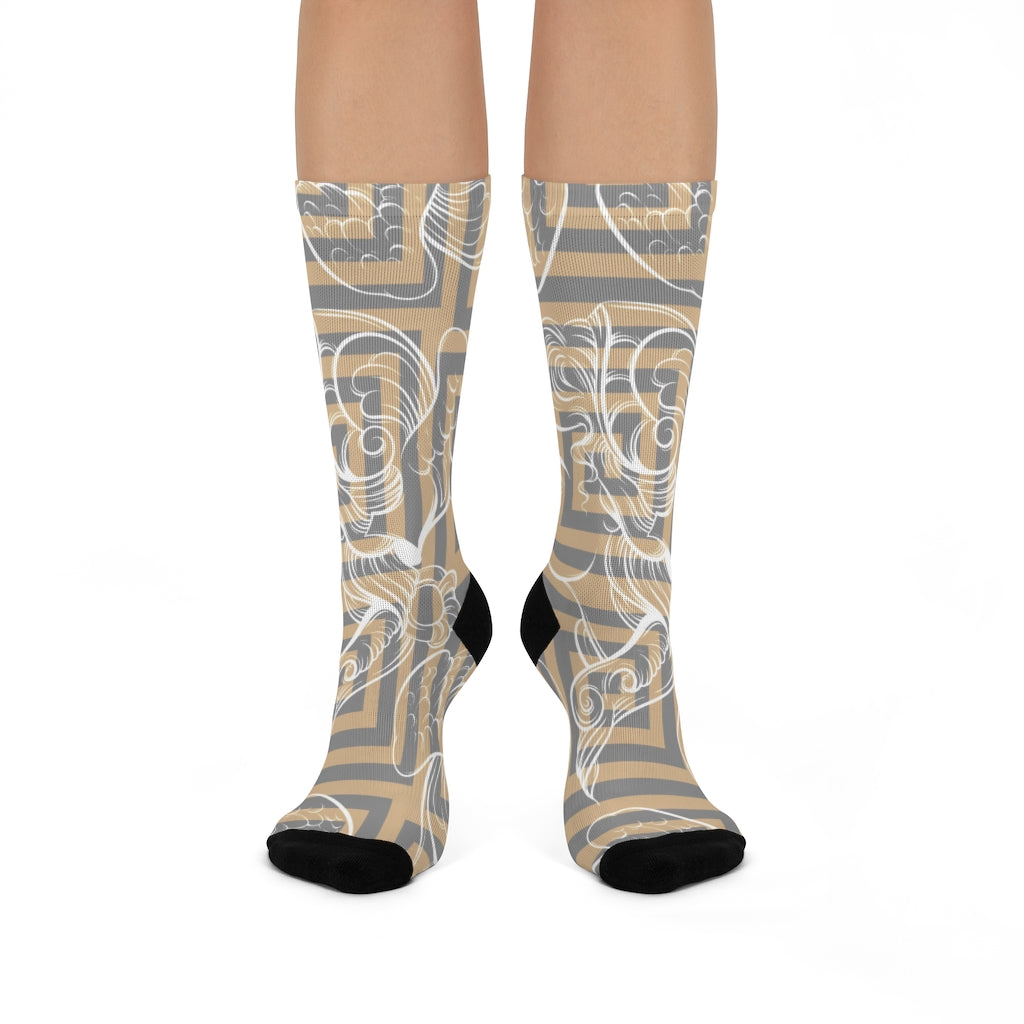 Maze Girl Theme Socks show off your inner mystery. With white art and a maze, these socks are perfect for any occation. Great for everyday wear and can match with practically any outfit!