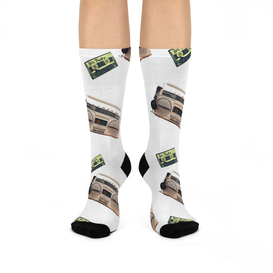  Add retro touch to your outfit with these 80's retro cassette socks. Featuring authentic cassette tapes, they're sure to bring back memories of your favorite tunes.