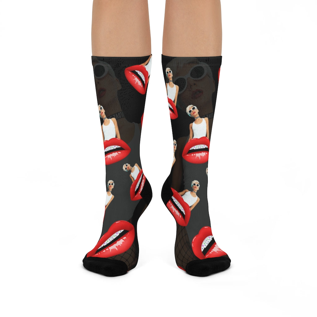 Red Luscious lips THEME SOCKS for your legs, and let people wonder what you are thinking about. Perfect for Valentine's Day gift, Mother's Day gift, Birthday gift or any other holiday. Makes a great gift for women and girls.