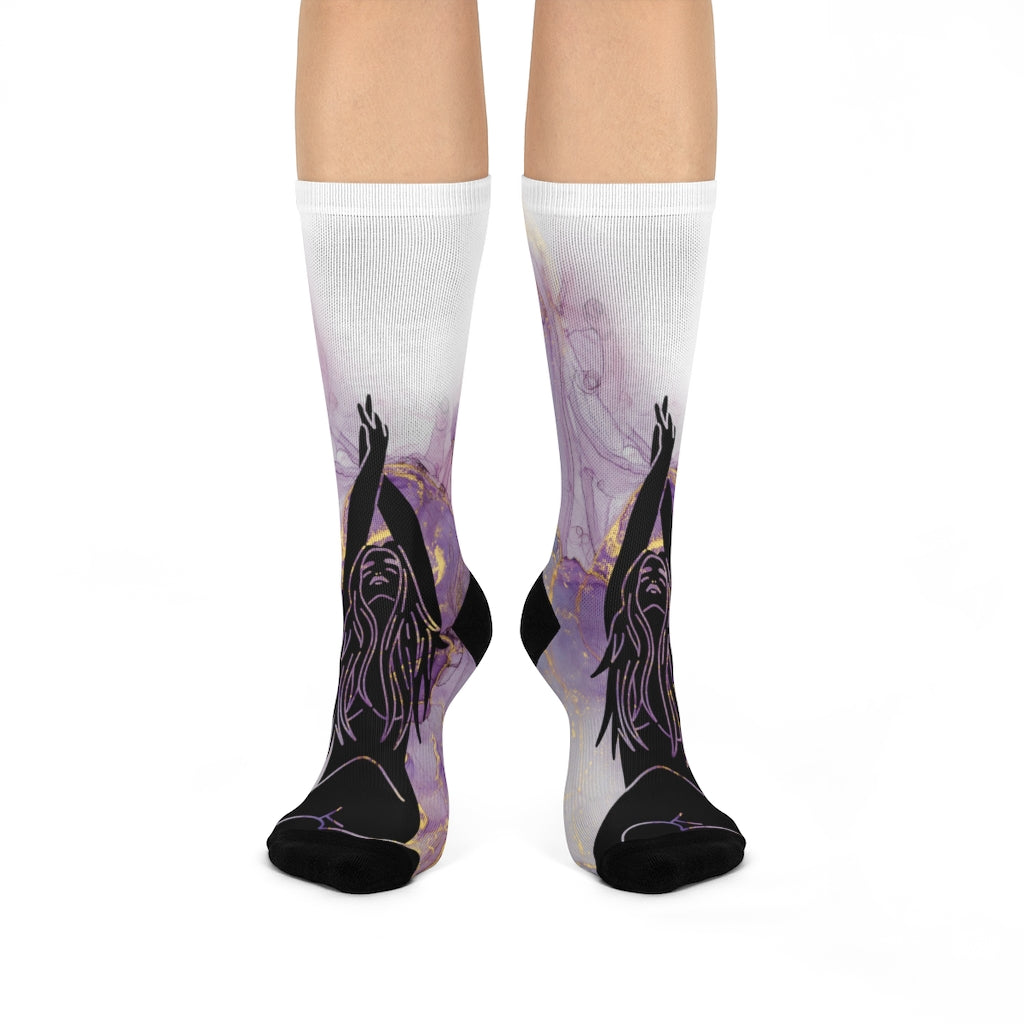 These purple and gold haze socks are colorful, unique and comfortable. They feature a nice design that will make your feet look great.